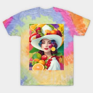 А woman with a white hat and some colorful fruity T-Shirt